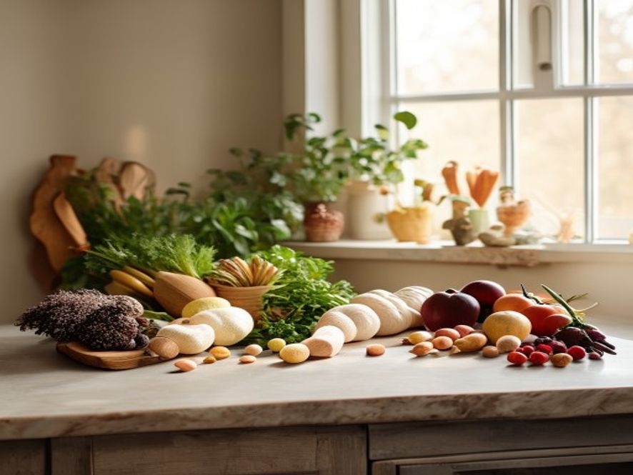 Variety of fresh ingredients arranged on neutral countertop with natural lighting