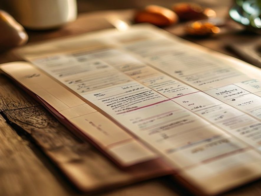 Printed weekly meal planning template with handwritten entries and colour-coded sections
